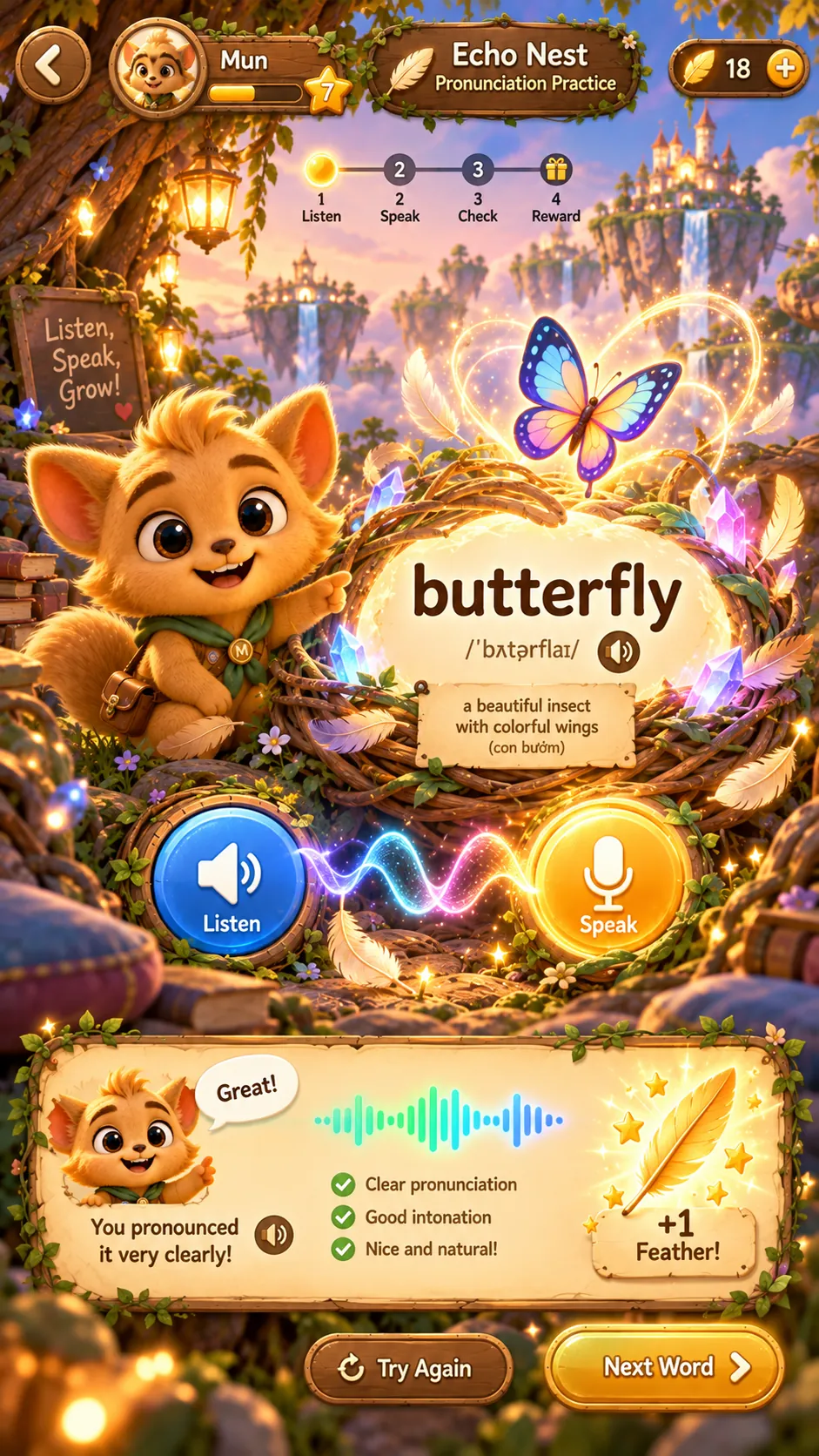 Echo Nest pronunciation practice screen